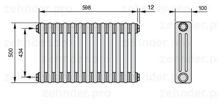 Схема (чертеж) Радиатор Zehnder Charleston 3050/13 №1270 Белый глянцевый RAL 9016